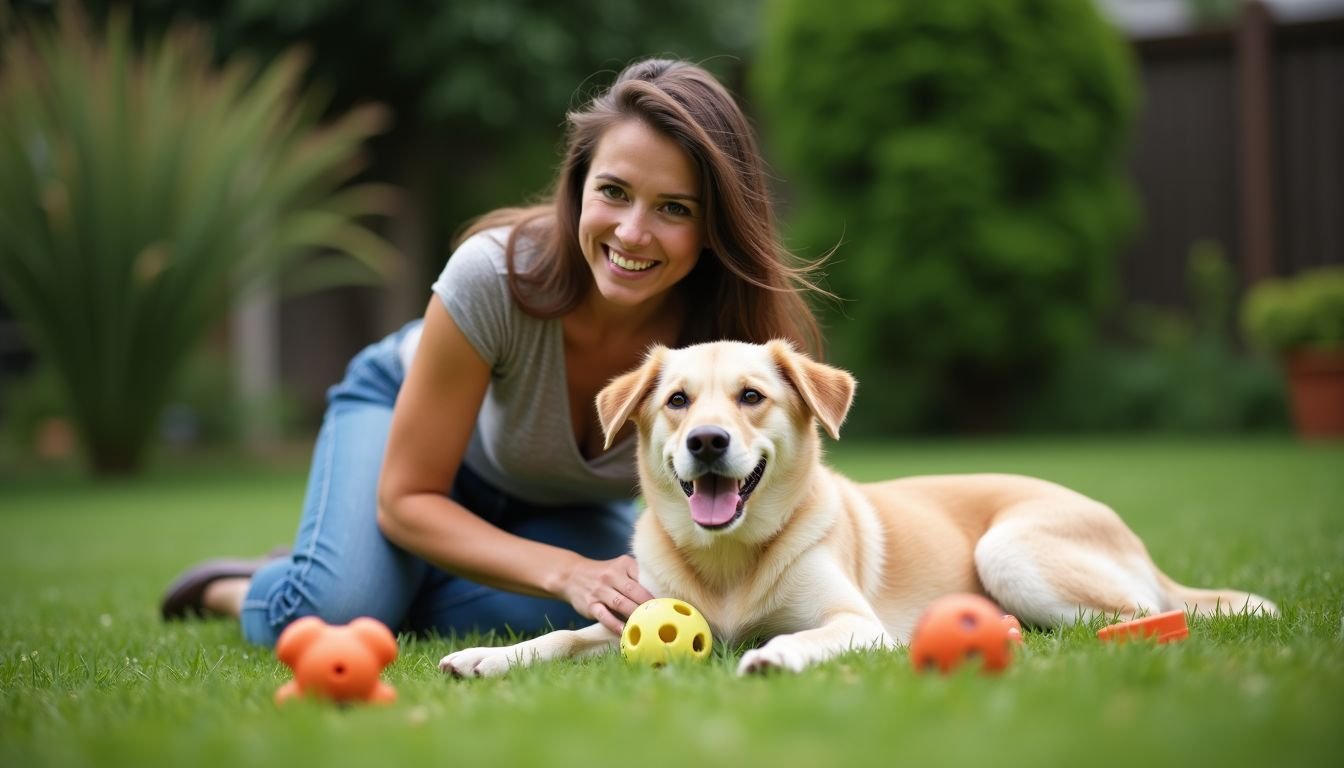 A woman playing with her dog in a grassy backyard with eco-friendly toys.