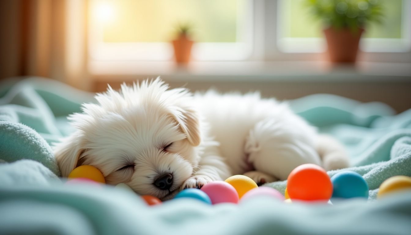 A sleeping Maltese puppy with toys on a pastel blanket.