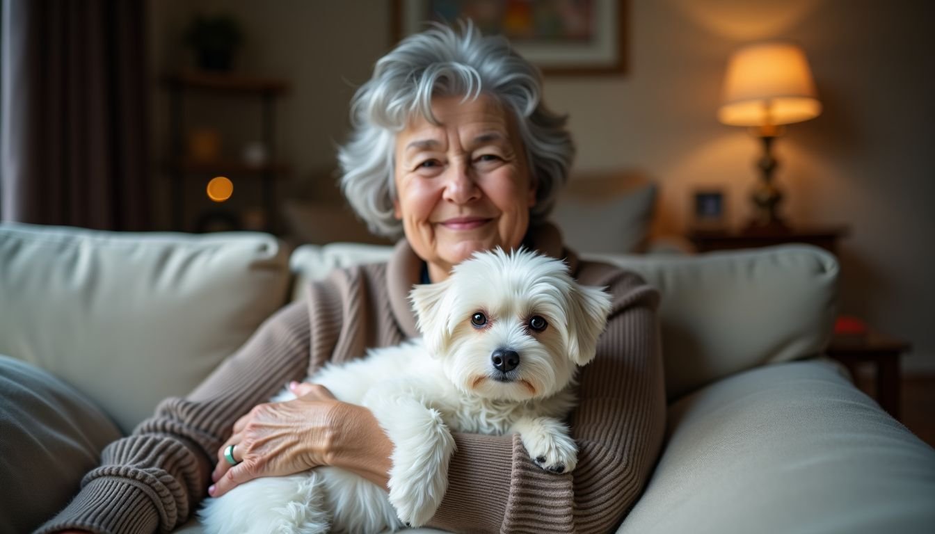 A senior woman sits on a couch, holding a small dog.