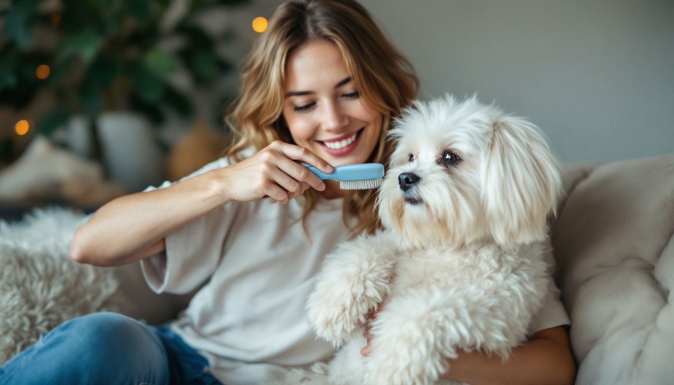 A woman is sitting on a couch, grooming a fluffy white dog.