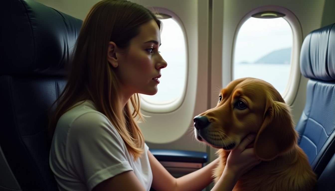 A young woman comforts her anxious dog in a cramped airplane.
