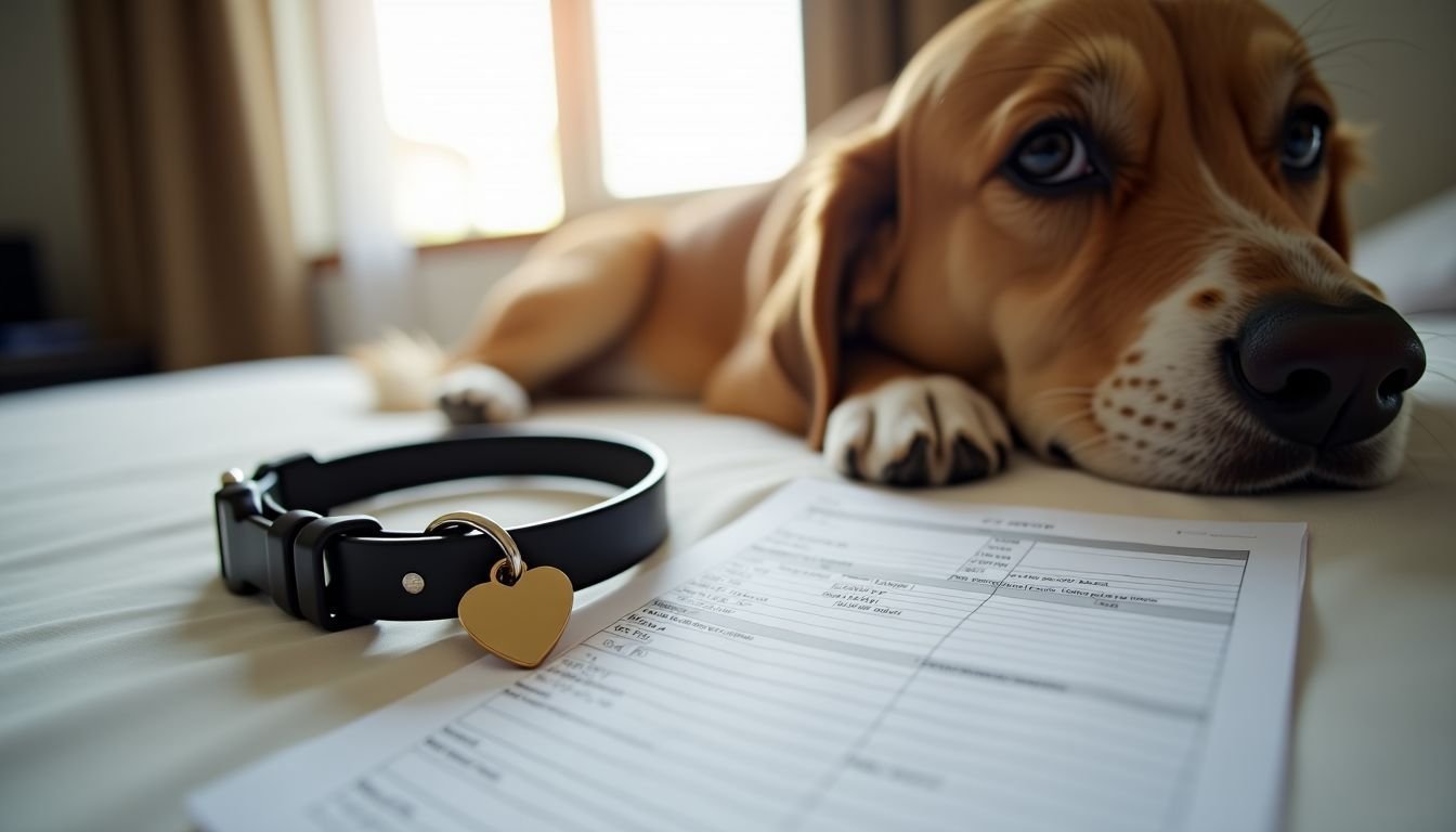 A dog's collar tag and medical records in a pet-friendly hotel.