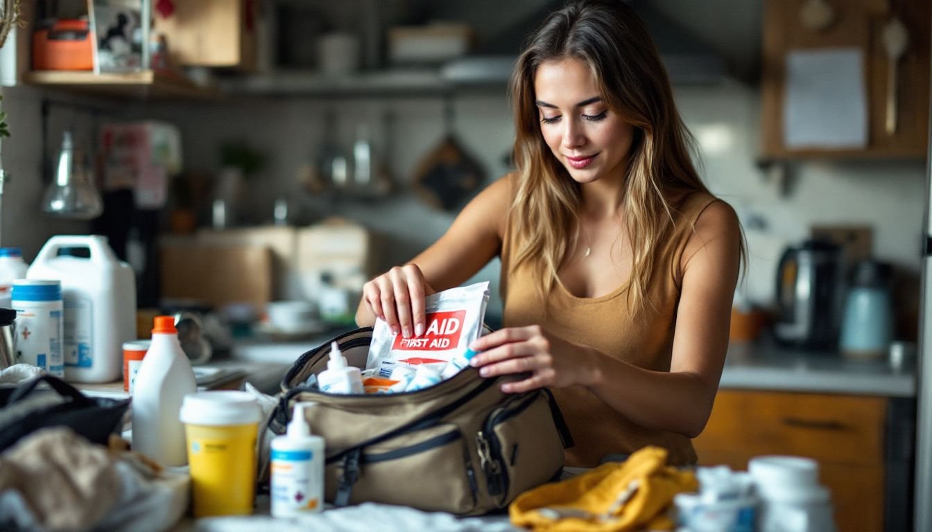A young woman prepares a travel bag for a road trip with her dog.