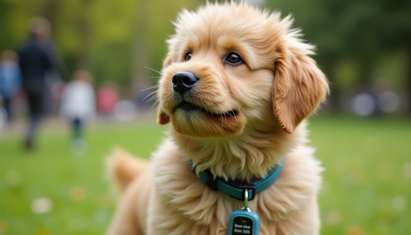 Fluffy dog wearing GPS collar with owner's contact information.