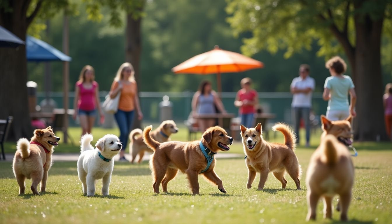A lively afternoon at Millie Bush Dog Park in Houston with dogs playing and owners relaxing.
