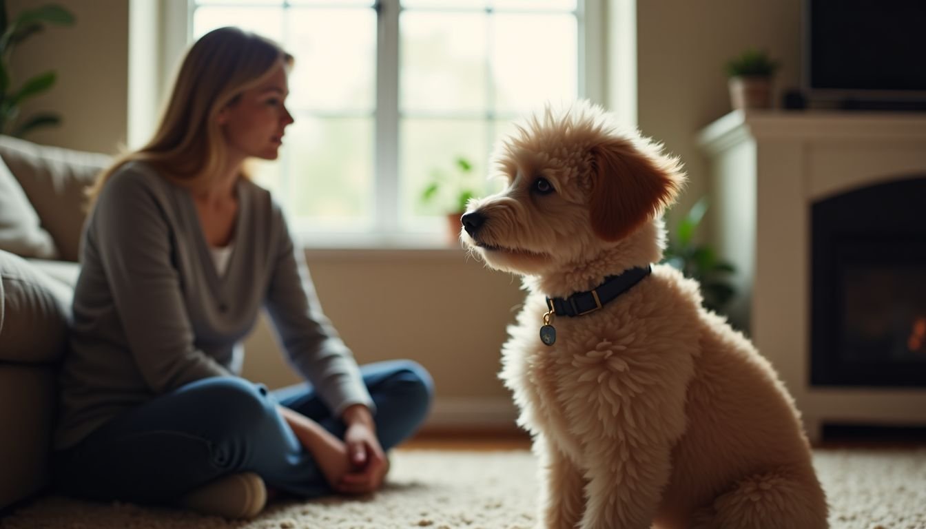 A Miniature Poodle and a family member bonding in a cozy living room.