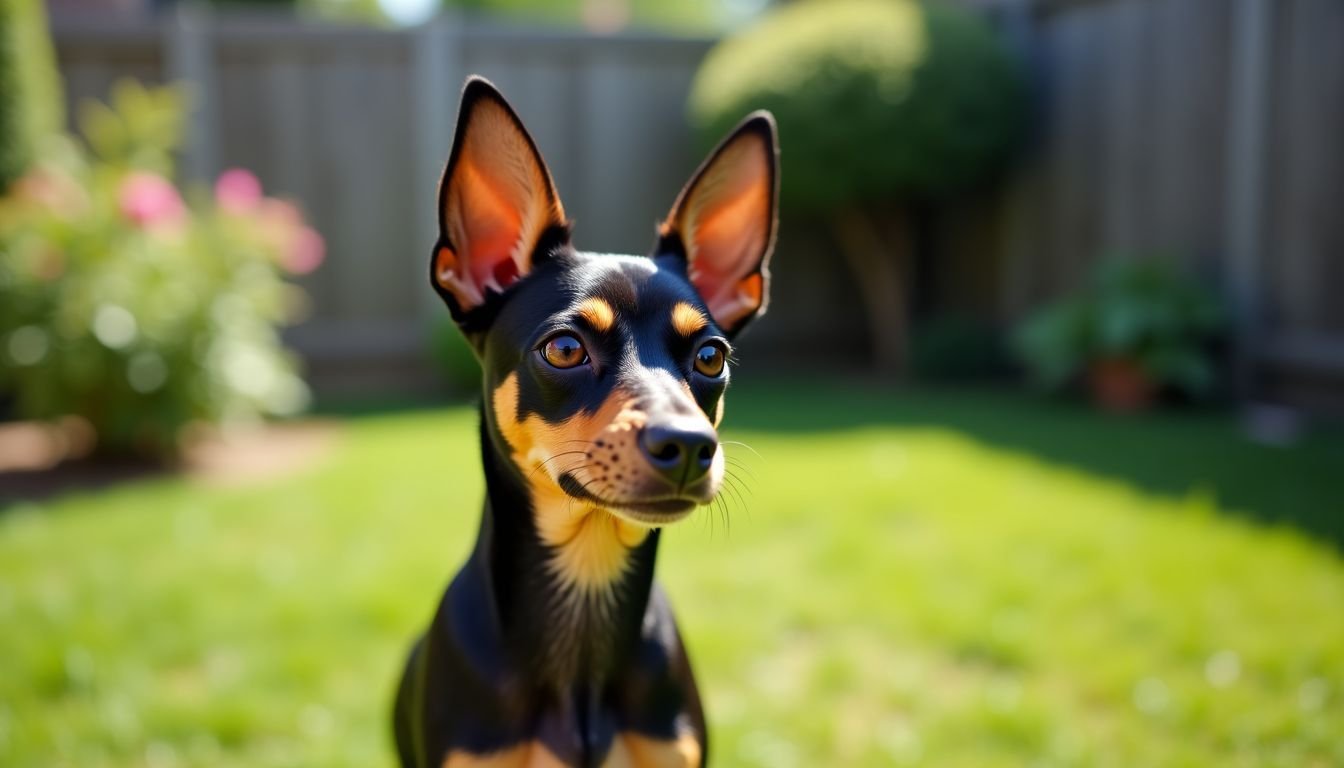 A Miniature Pinscher stands alert in a backyard, ready to protect.