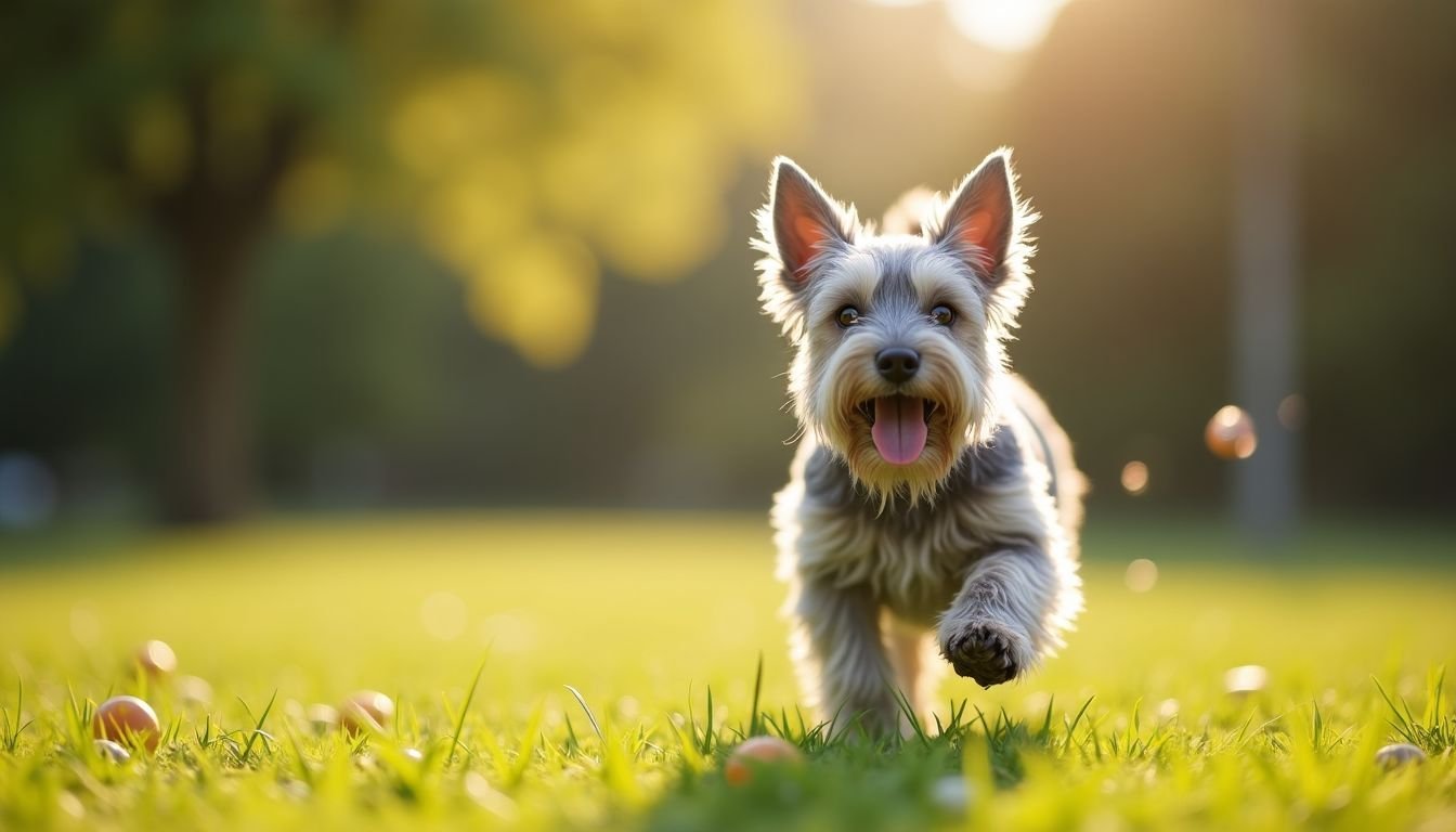 A Miniature Schnauzer playing in a sunlit park.