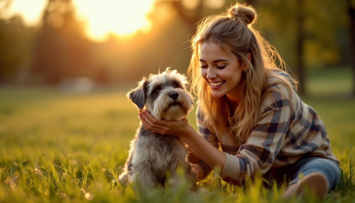 A woman plays fetch with her Miniature Schnauzer in a park.