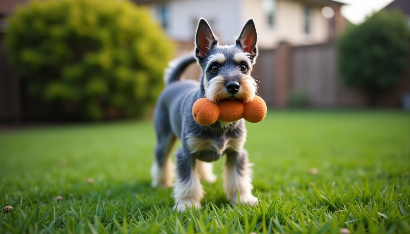 A Miniature Schnauzer stands alert in a suburban backyard holding a toy.