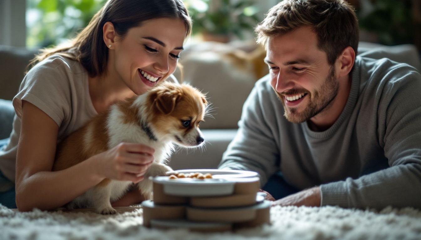 A couple in their 30s watches their small dog play with a puzzle feeder.