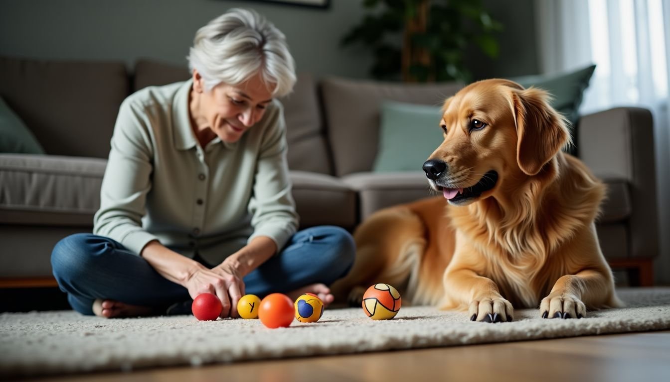 An elderly woman watches her senior Golden Retriever play with toys.