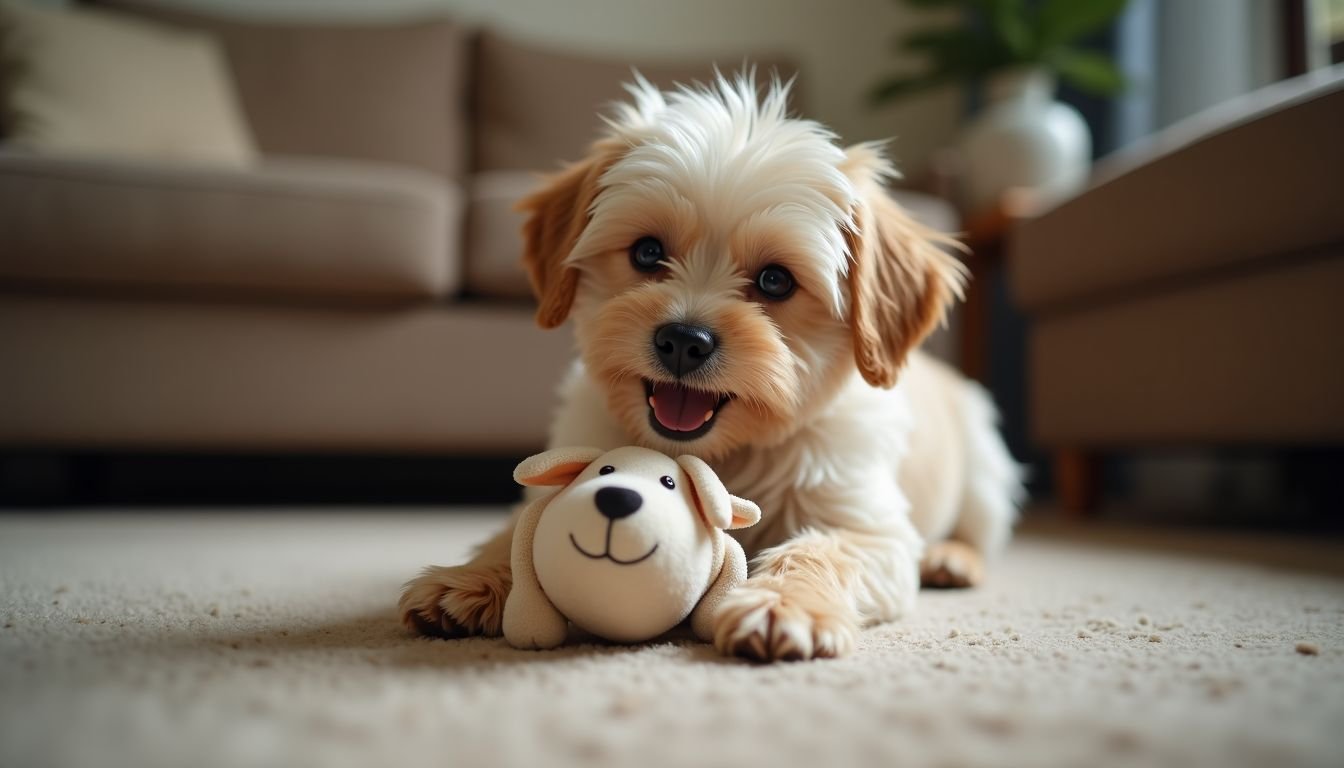 A small dog happily plays with a Lamb Chop squeaky toy.