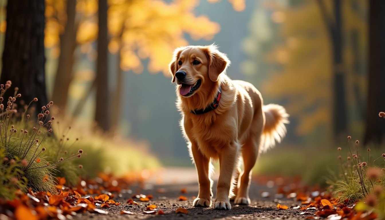 A golden retriever enjoys a peaceful autumn stroll in Yosemite National Park. A golden retriever enjoys a peaceful autumn stroll in Yosemite National Park.