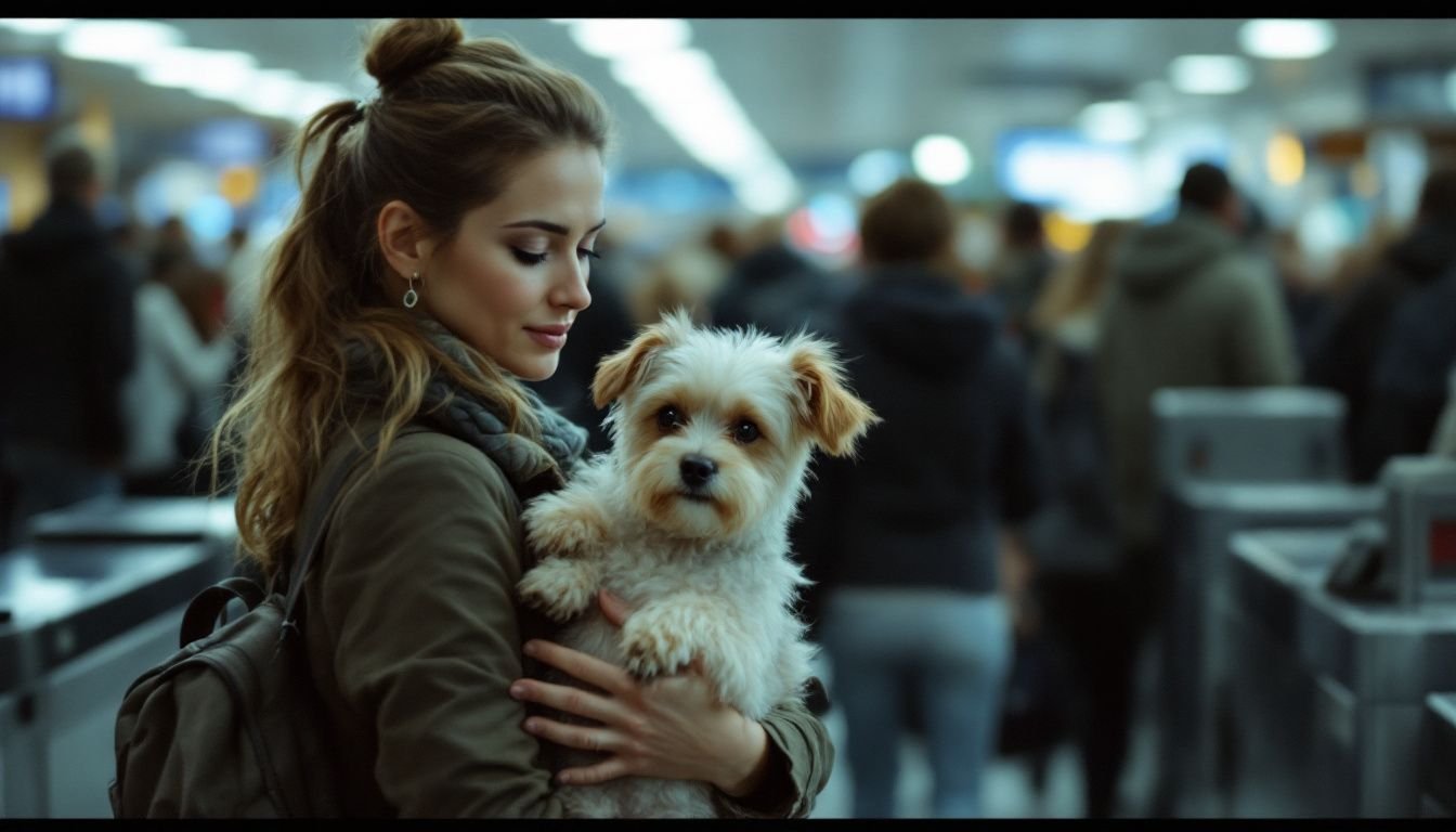 A woman with a small dog walks through airport security.