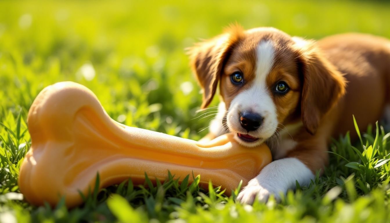 A playful puppy eagerly approaches a Nylabone Power Chew toy in a grassy backyard.