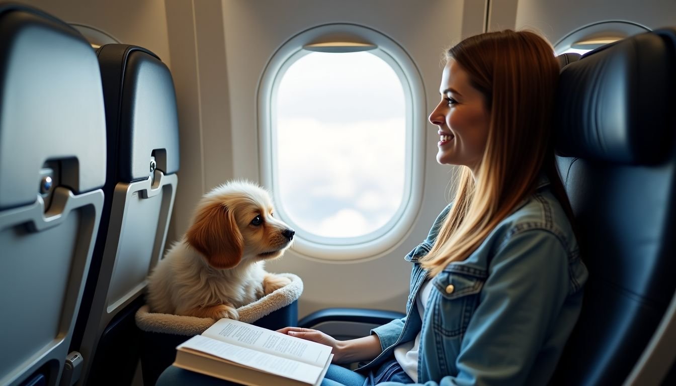 A traveler with a small dog reading a pet-friendly travel book.