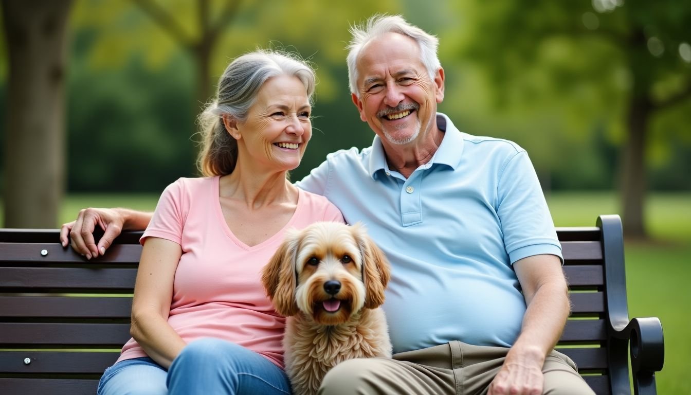 An elderly couple sits on a park bench with their dog.