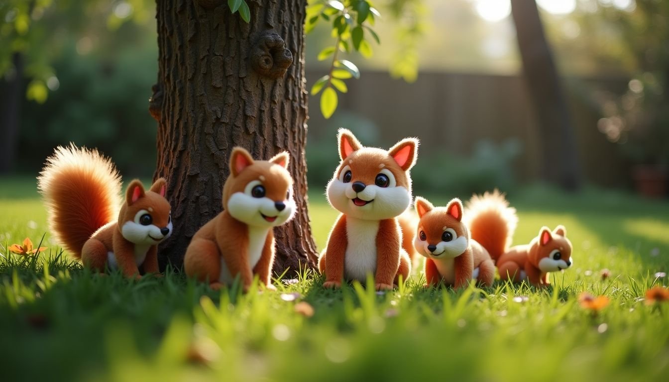 A fluffy plush tree trunk surrounded by squeaky squirrel toys in a rustic backyard.