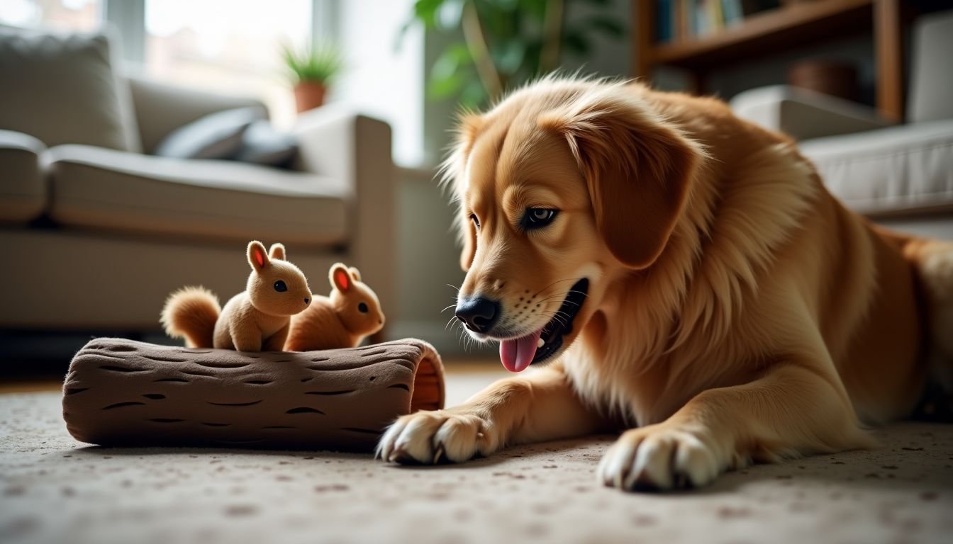 A golden retriever happily plays with a Hide-A-Squirrel Puzzle Toy.