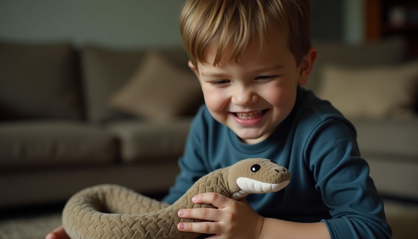 A boy playing happily with a plush snake toy in a living room.