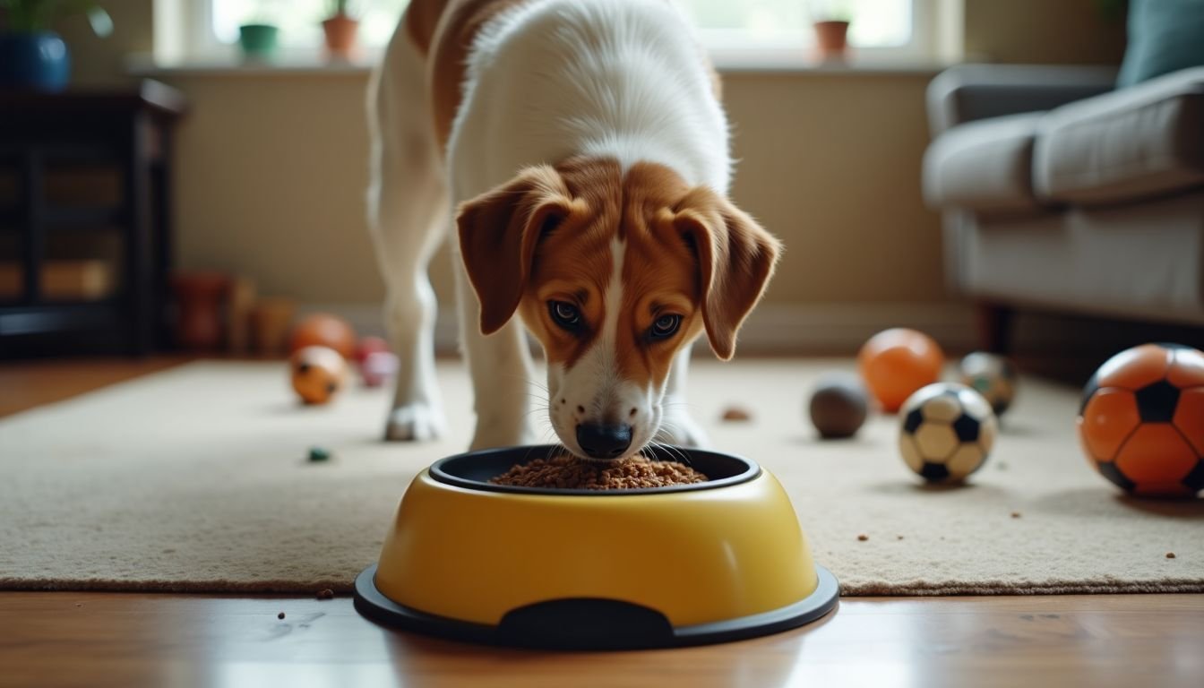 A playful dog uses a Slow Feeder Puzzle Bowl in a cozy room.