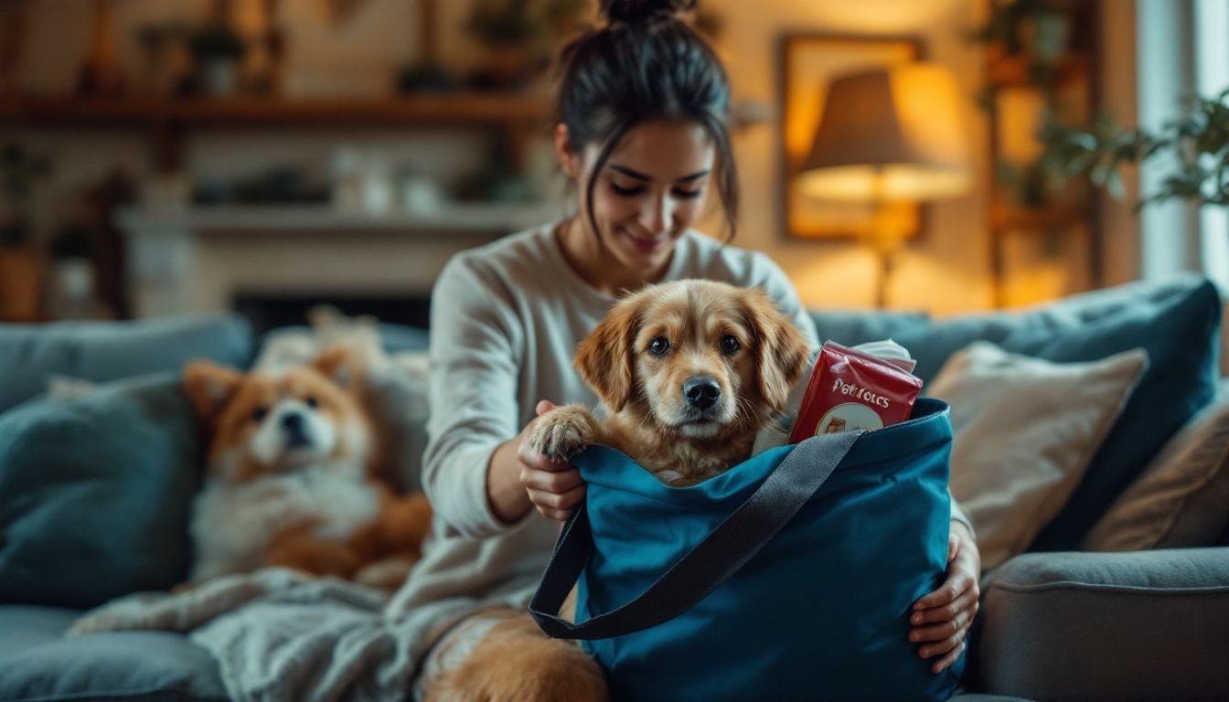 A person packs dog supplies in a cozy living room.