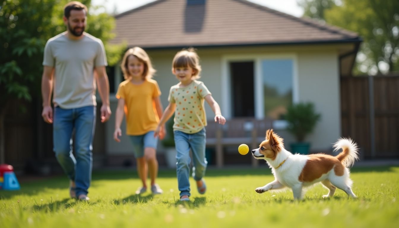 A family playing fetch with their Papillon dog in the backyard.