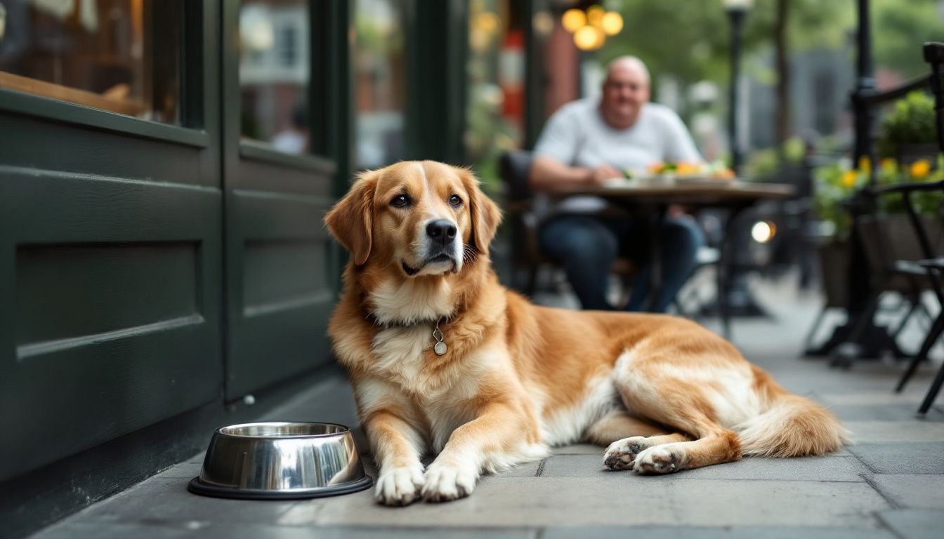 A dog relaxes on a patio while its owner enjoys French food.