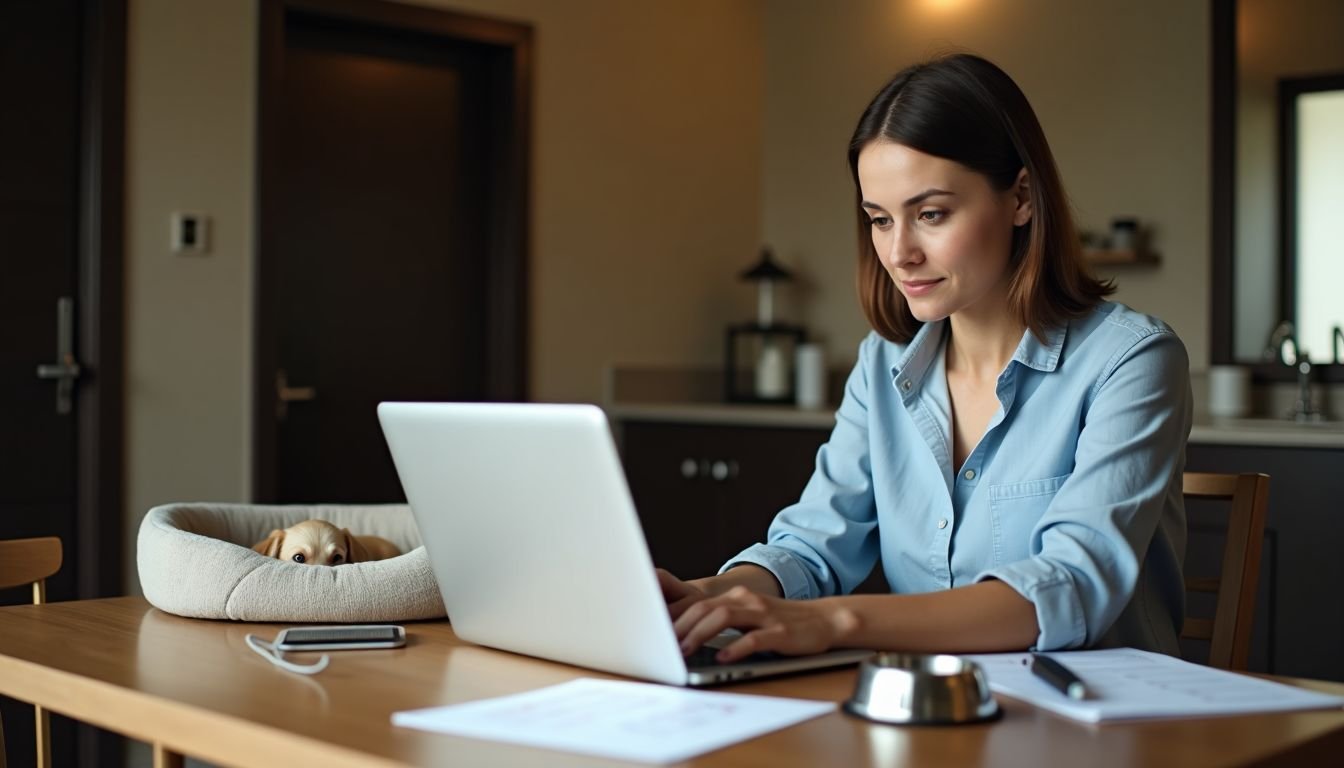 A woman is researching pet-friendly hotel options for her upcoming trip.