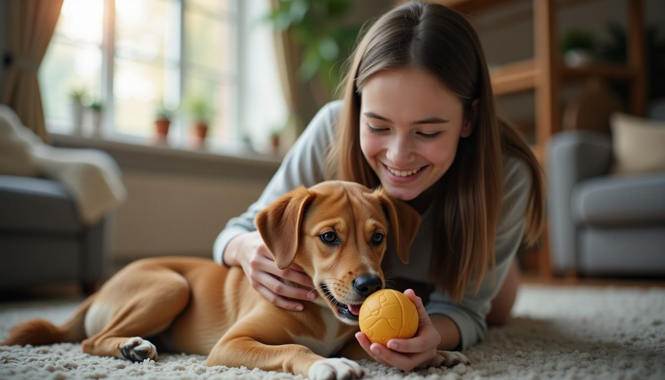 A young adult plays with a cheerful dog using a plush toy.