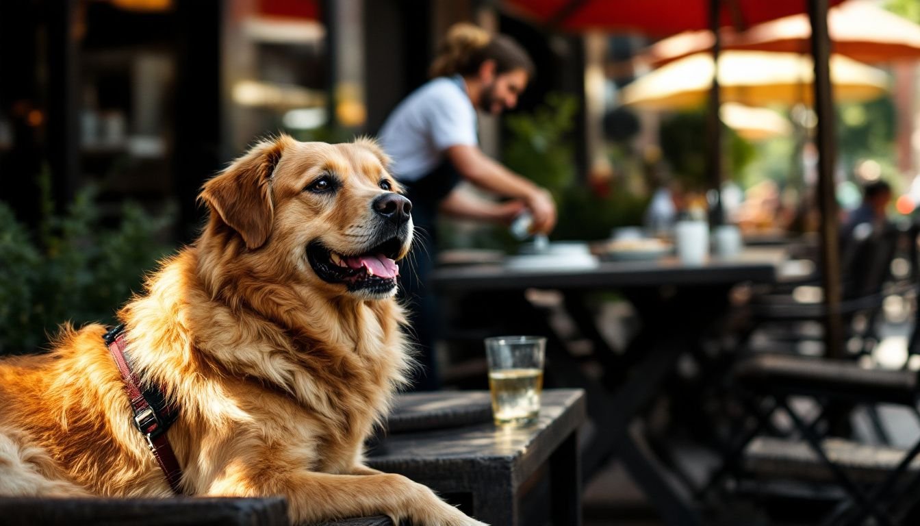 A dog and its owner enjoy a casual meal on a sunny patio.