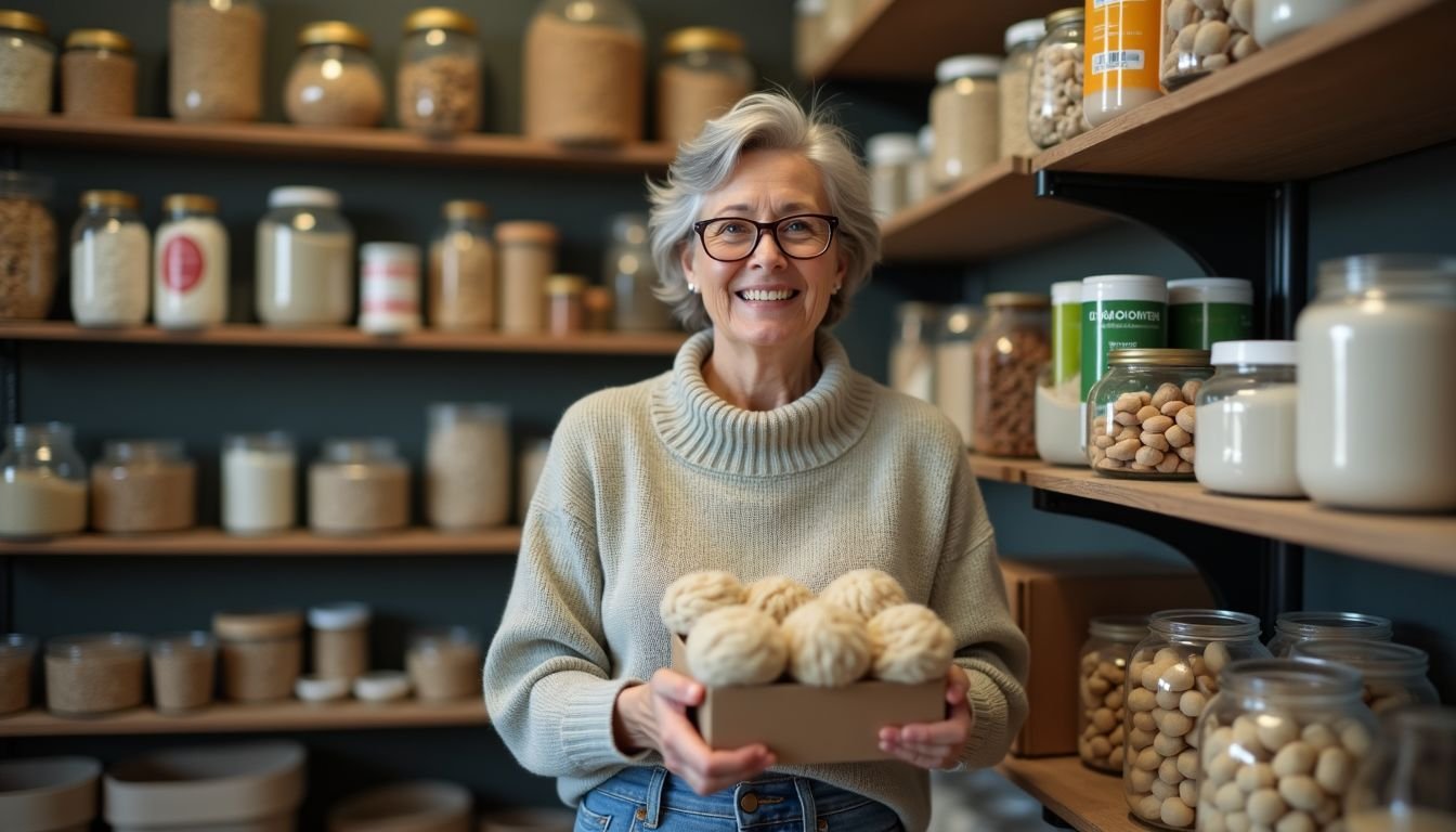 An elderly woman is choosing eco-friendly pet toys in a shop.