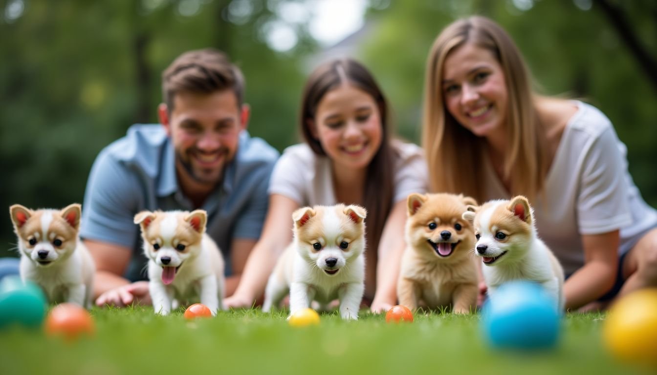 A family plays with Chihuahua and Pomeranian puppies in a backyard.