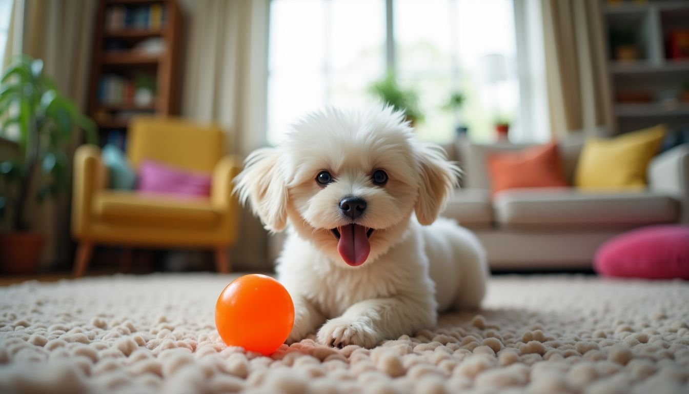 A small white dog joyfully playing with a squeaky toy in a cozy living room.