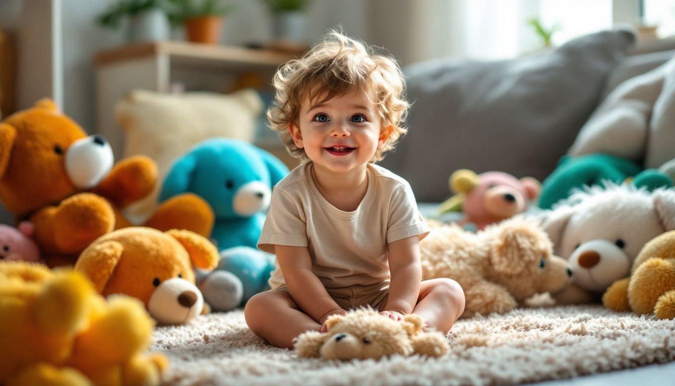 A happy child playing with colorful plush toys and a fluffy dog. A happy child playing with colorful plush toys and a fluffy dog.