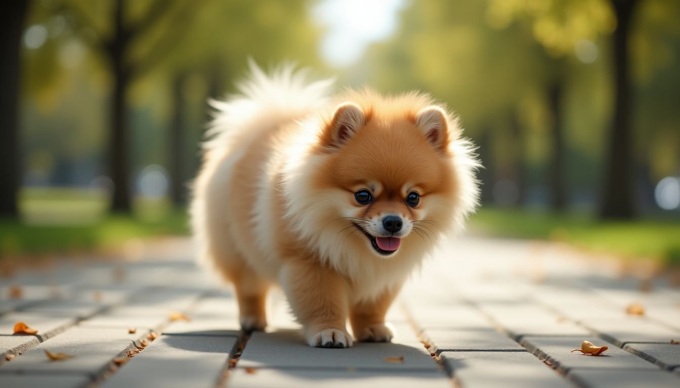 A Pomeranian dog plays in a sunny park with a fluffy coat.