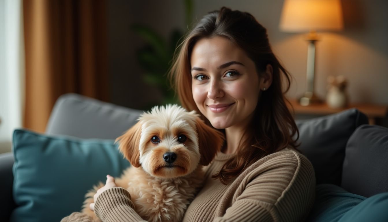 A woman sits on a couch, holding her Toy Poodle.