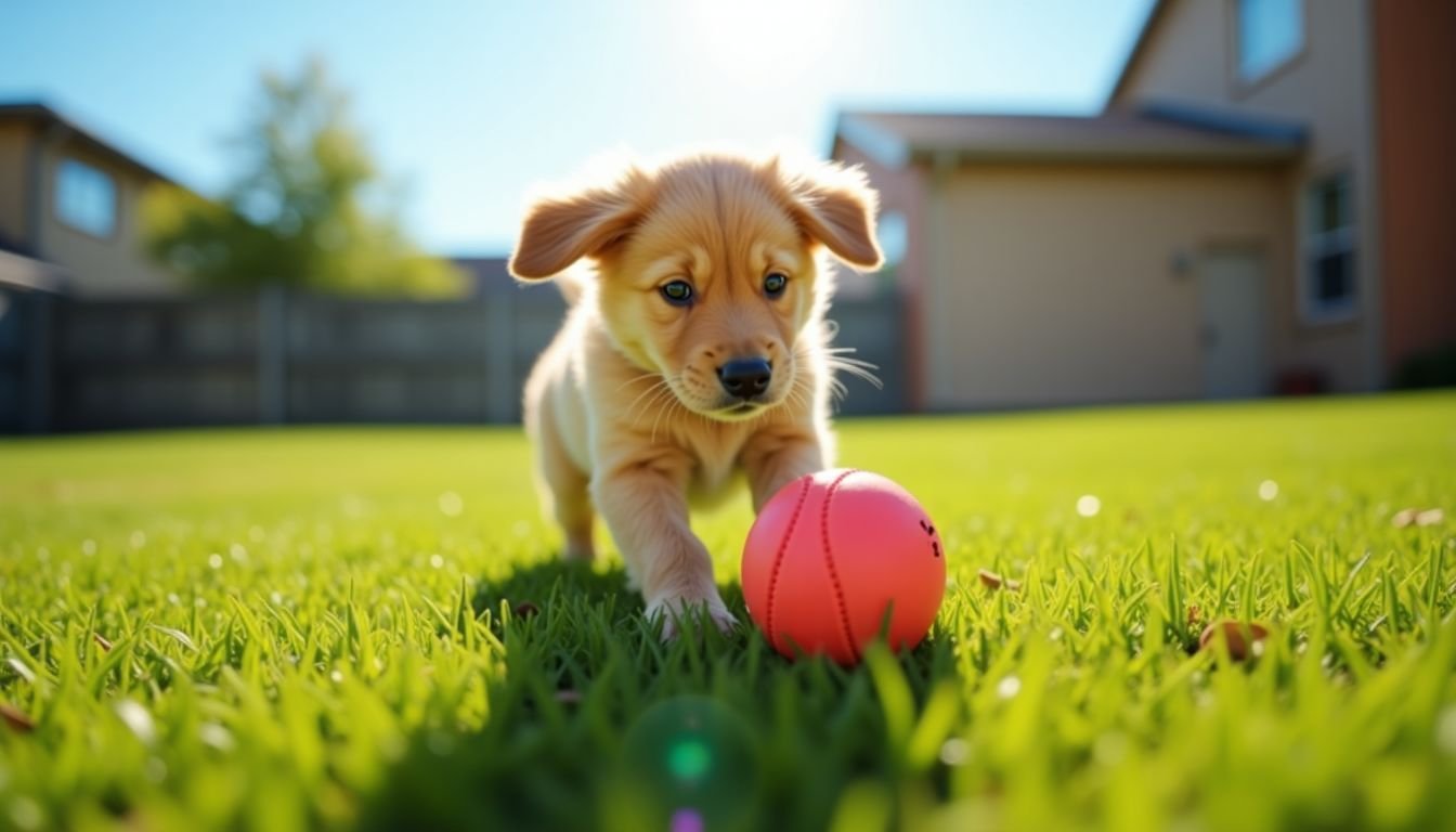 A young Golden Retriever puppy plays with a moving ball in a sunny backyard.