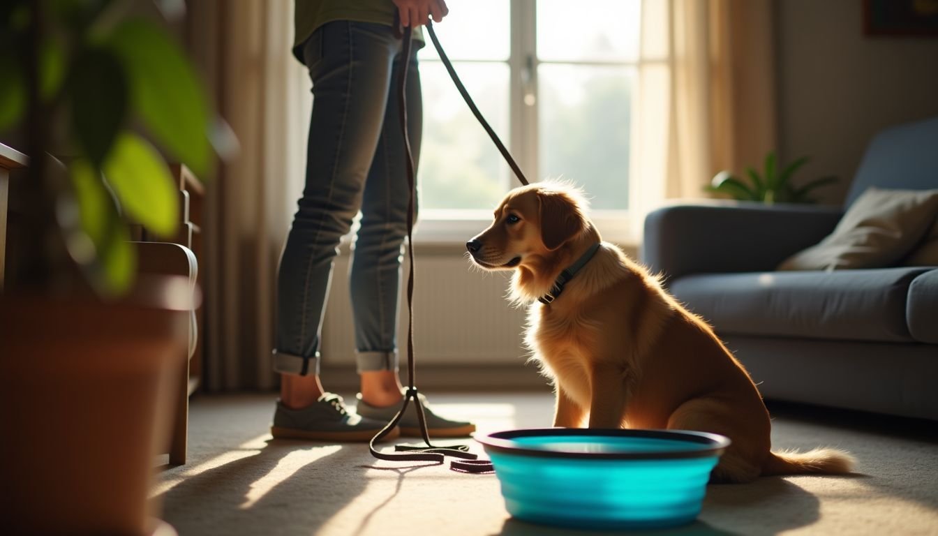 A dog owner packs outdoor essentials in a cluttered living room.