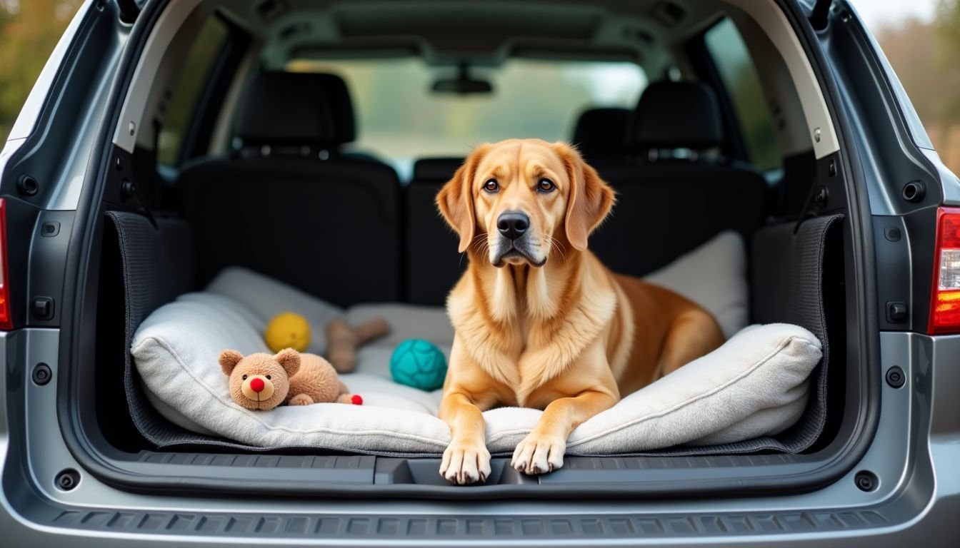 A cozy dog travel crate filled with bedding and toys in a vehicle.