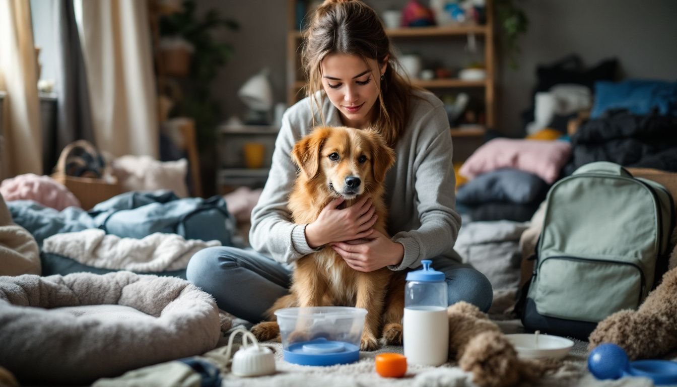 A woman packing dog travel accessories in a cluttered room.