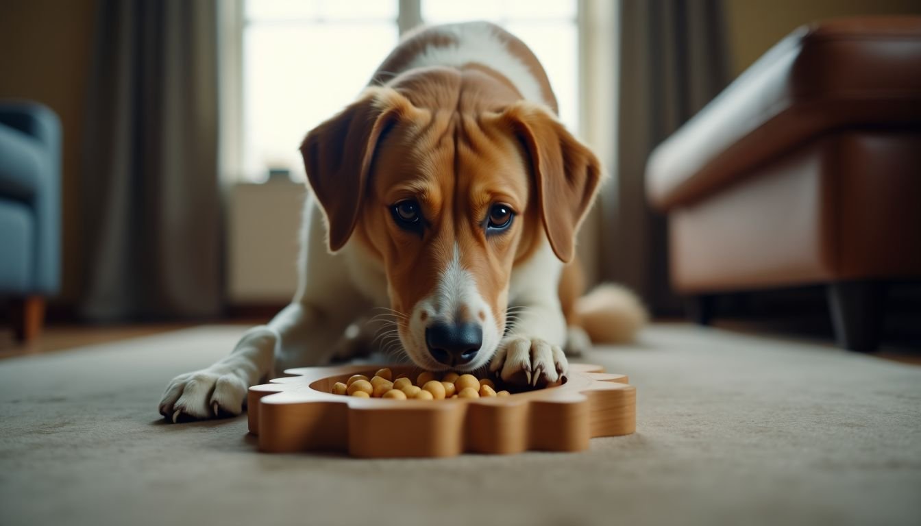 A determined dog solves treat puzzle in cozy living room.