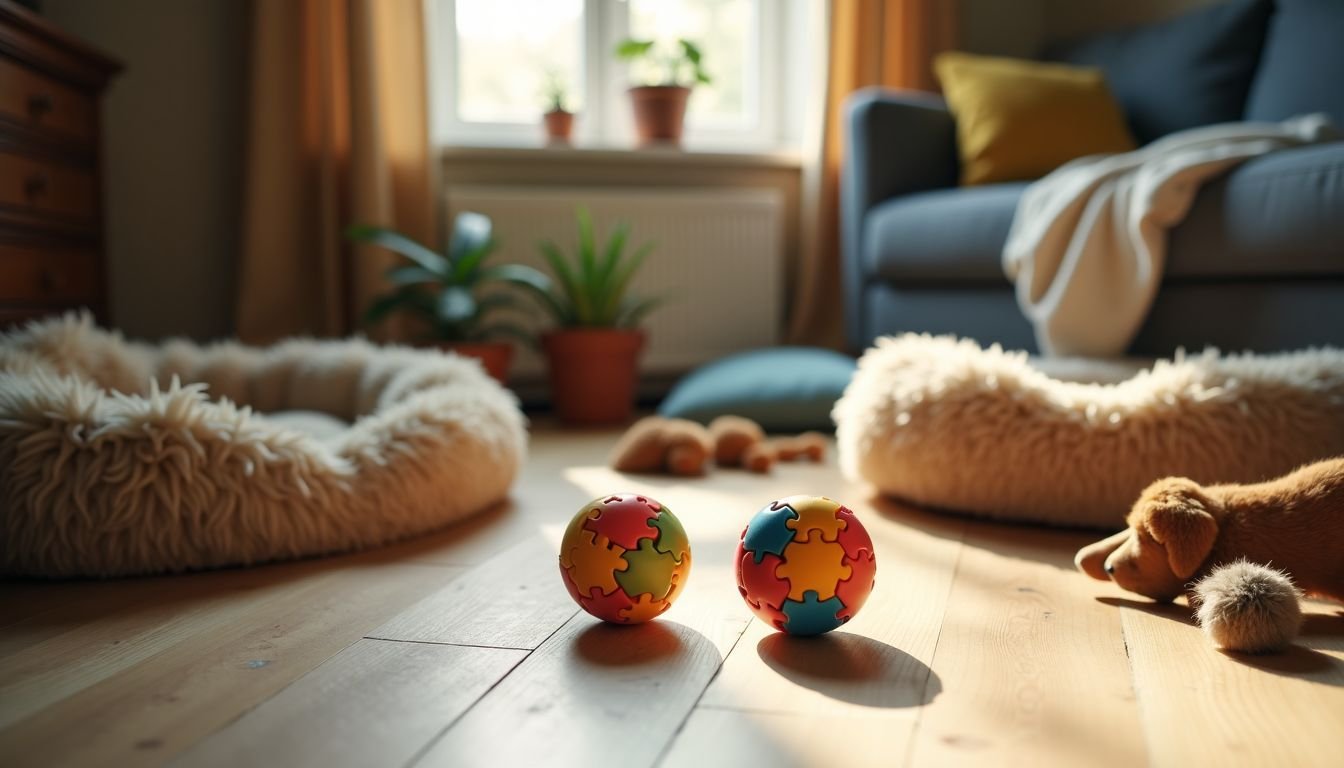 Two puzzle toys surrounded by dog beds and chewed-up toys.