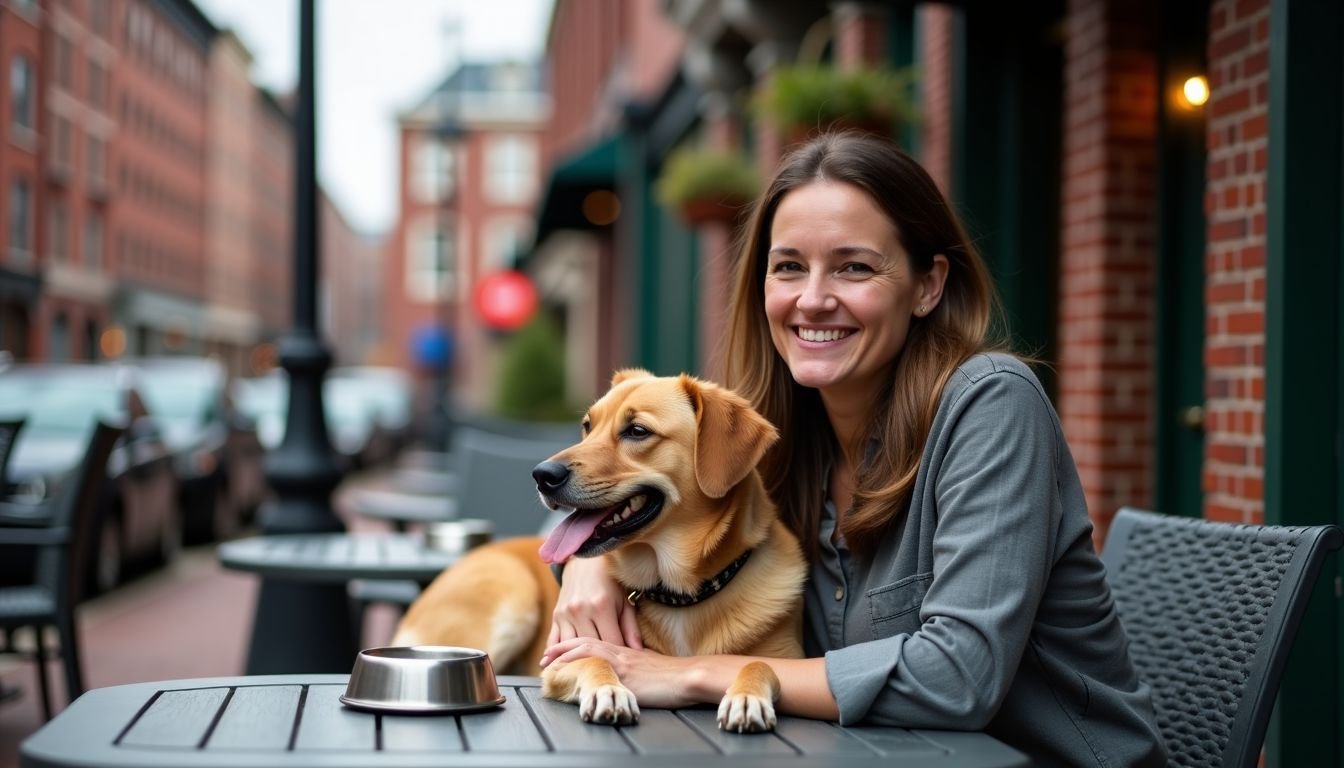 A woman and her dog sitting at a table in an outdoor patio.