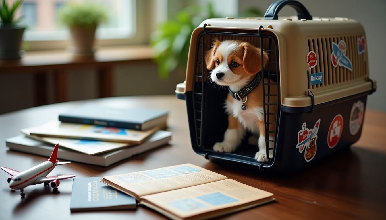 A pet carrier with travel documents and guidebooks for a trip.