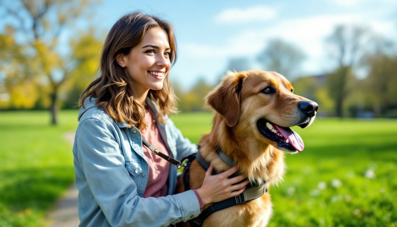 A woman in her 30s walking a large, lively dog in a park.