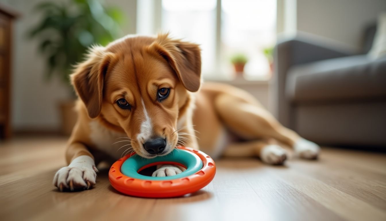 A dog plays with a ring puzzle toy in a cozy living room.