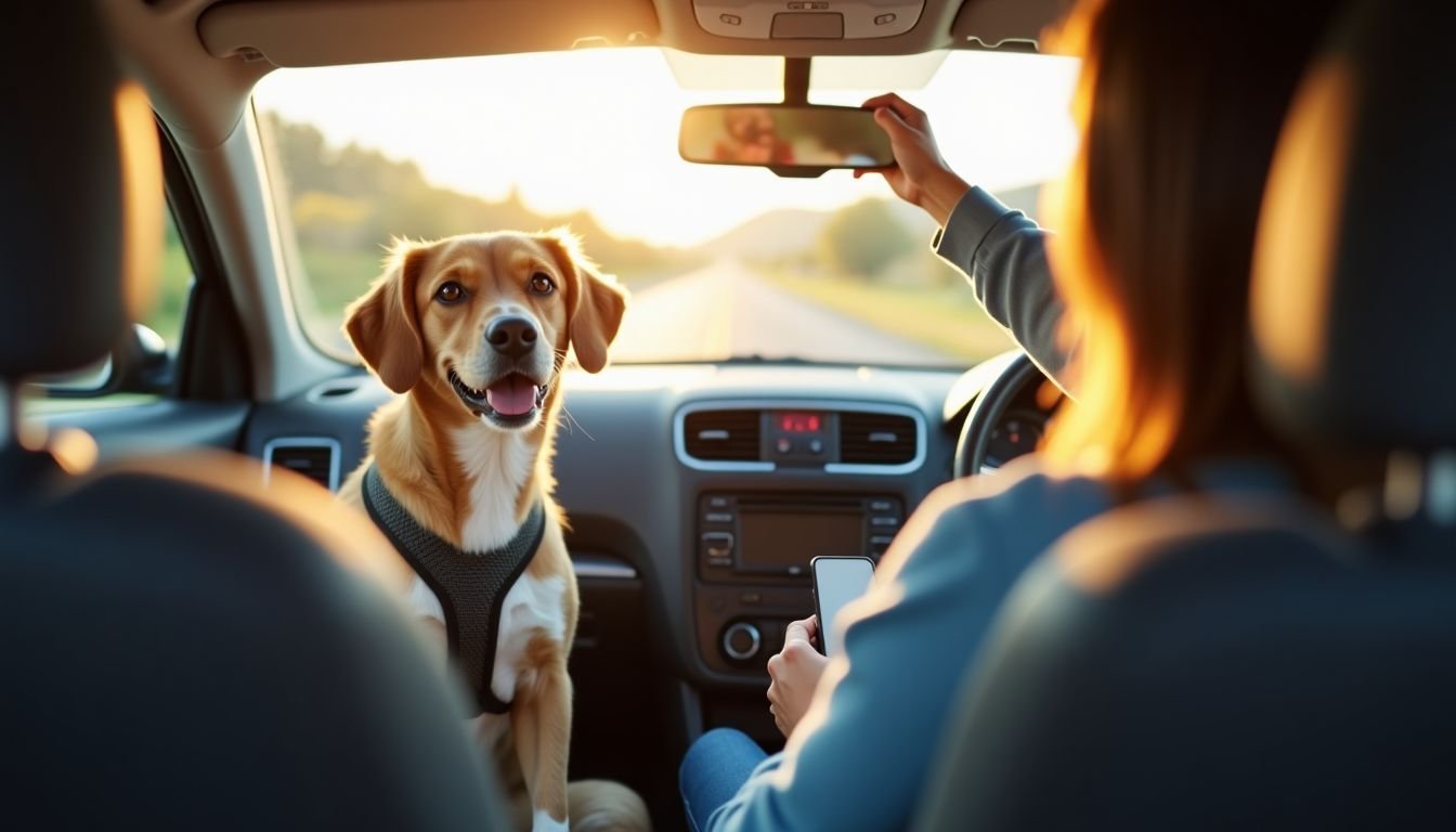 A dog wearing a safety harness in the backseat of a car.