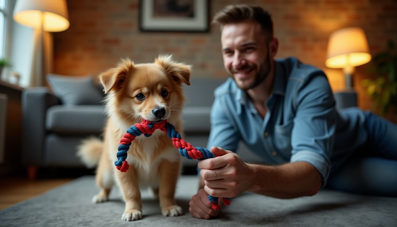 A man and a small dog play tug-of-war with a colorful rope toy in a cozy living room.